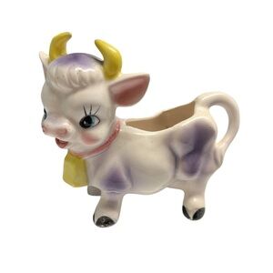 Vintage Purple Anthropomorphic Cow Creamer with Yellow Bell. Made in Japan.